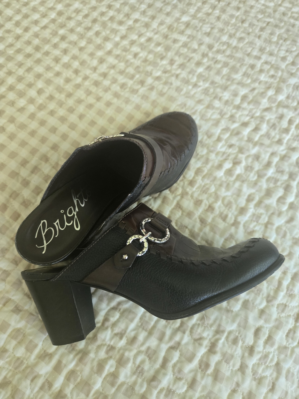 Brighton GEMINI  Two-Tone Brown/black Leather Block Heel Mule Silver Detail, 8.5
